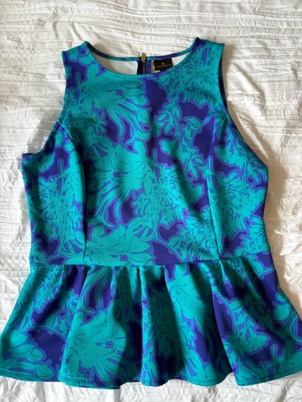 Worthington Teal and Royal Blue Floral Peplum Tank Top